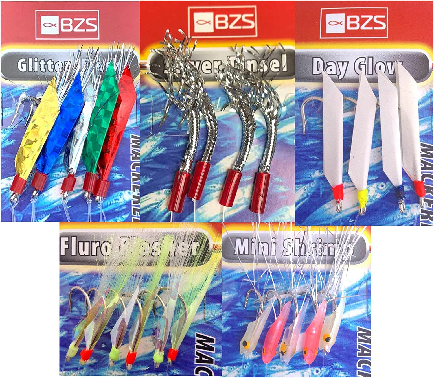 BZS Mixed Mackerel Feathers Rigs Hooks for Sea Fishing Selection Pack with Lures Bait Tackle Accessories to All Summer Species (5 packets)