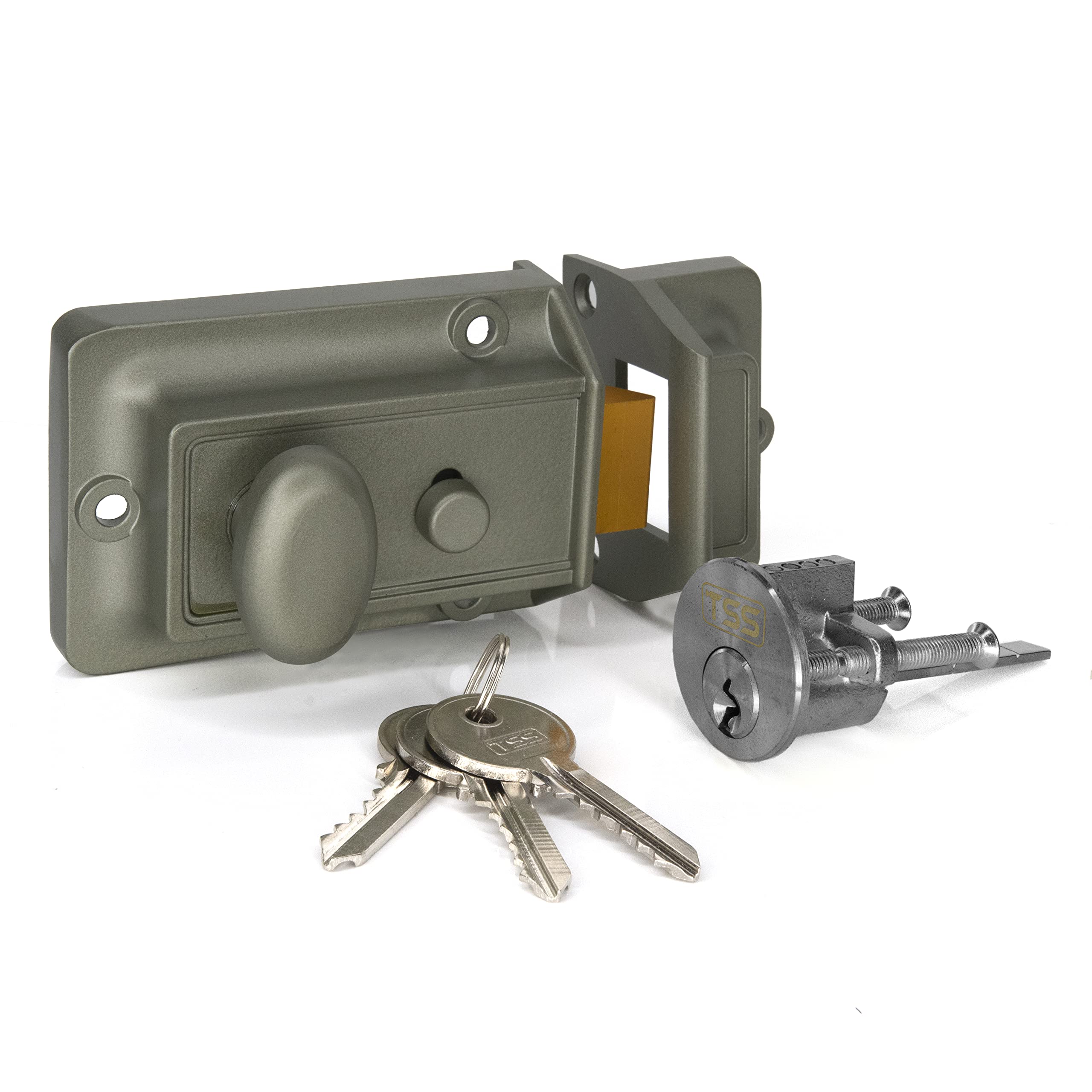 UK Security Supplies Traditional Nightlatch - 60mm Backset - Green Body - Supplied with Rim Cylinder (3 Keys) & Fixings - External Door Lock for Front Door and Back Door. (Green/Silver Cylinder)