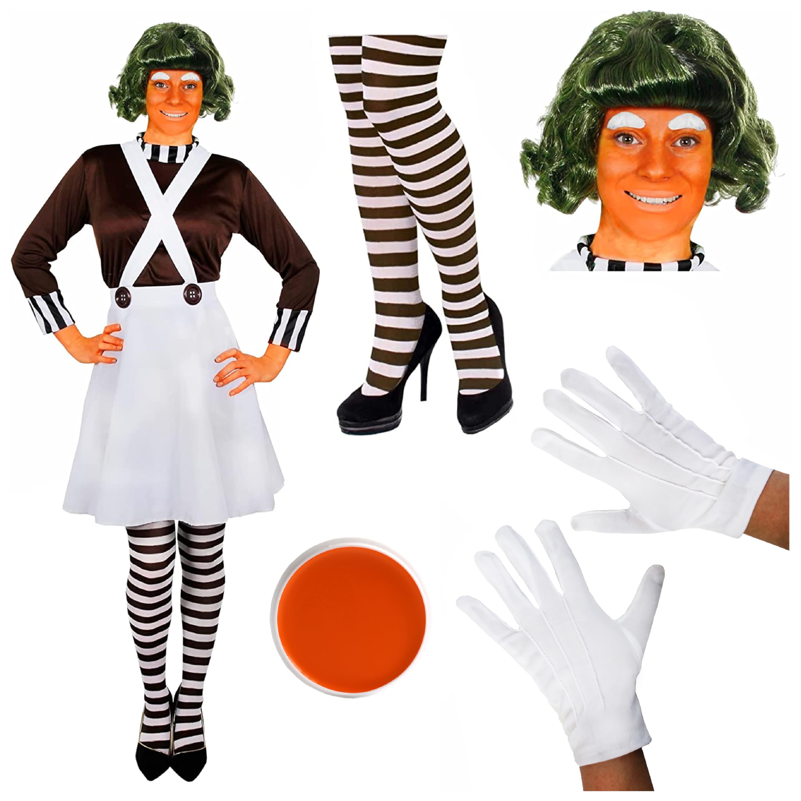 Ladies Chocolate Factory Worker Costume - Medium - Brown Top, White Skirt, Green Wig, Striped Tights, Gloves, Eyebrows, Facepaint - Adults World Book Day Book Week Fancy Dress Costume โ image 1