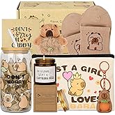 Bayelove Capybara Gifts for Women Capybara Stuff with Glass Cup Makeup Bag Sock Hair Bands Capybara Keychain and Candle Gift Cards Gift for Capybara Lover