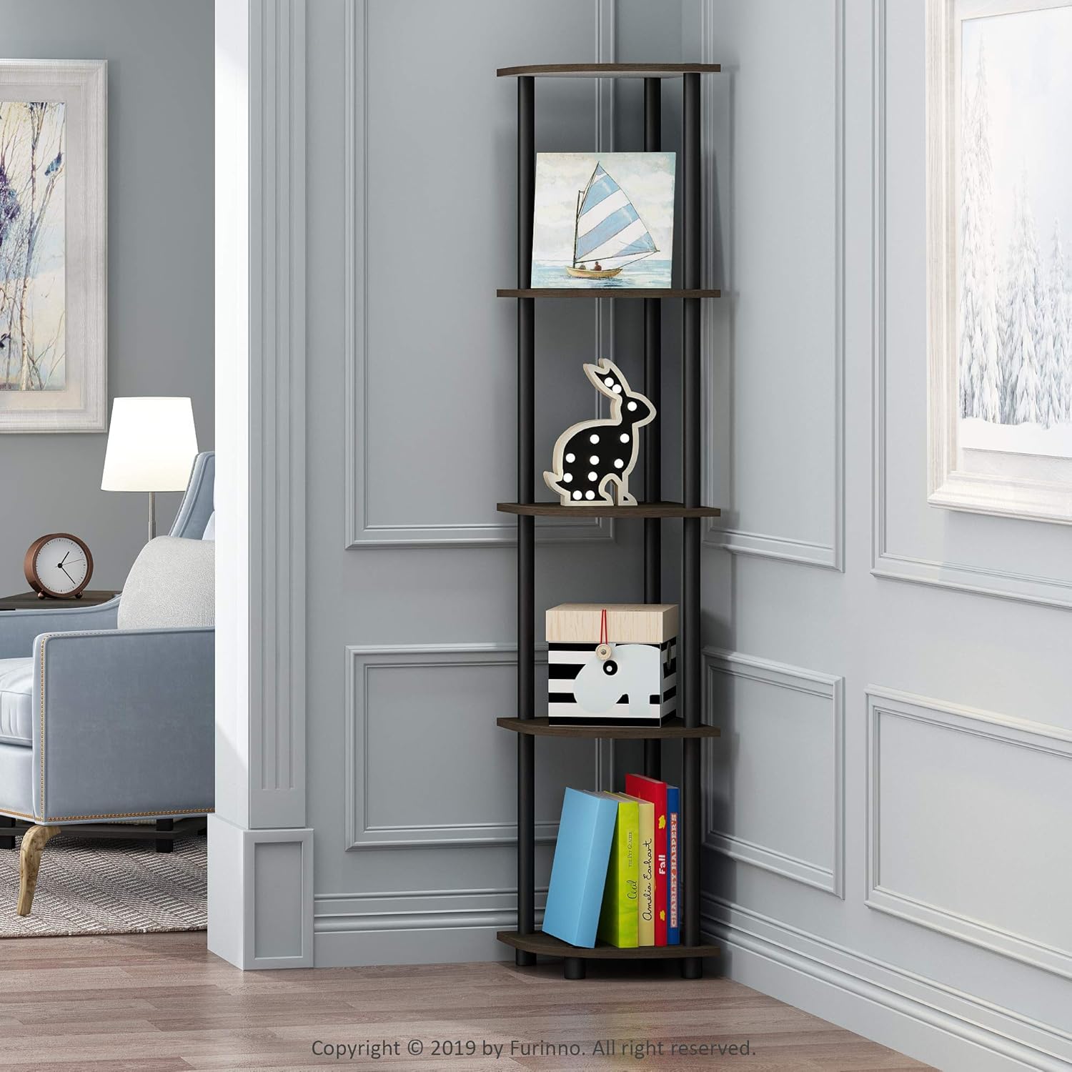 Furinno Turn-N-Tube 5 Tier Corner Shelf, Dark Brown Grain/Black: Furniture & Decor