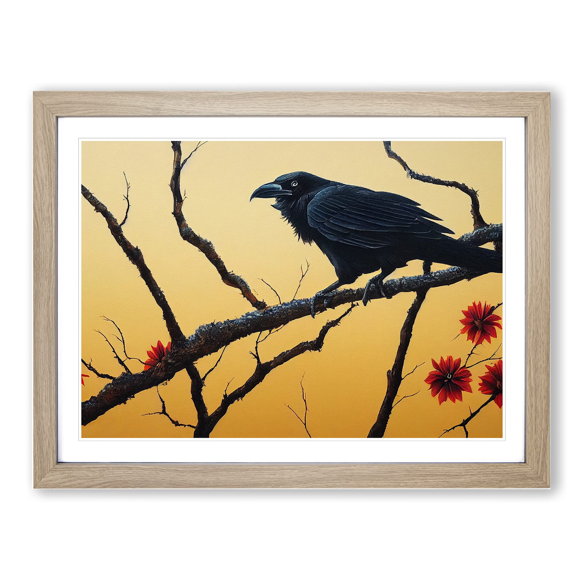 Victorious Crow Bird Framed Print | A4 Oak Framed Wall Art | Ready to Hang | Modern Animal Picture | Living Room Bedroom Lounge Office