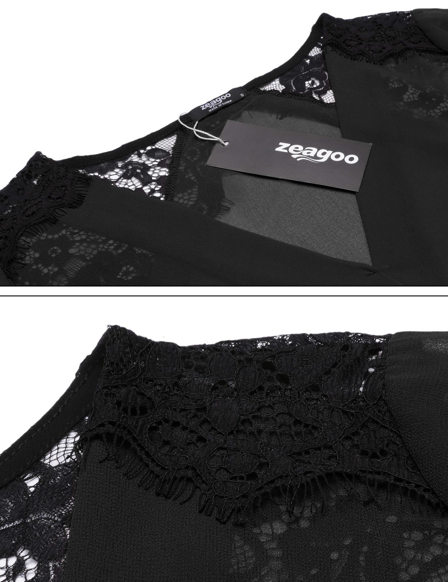 zeagoo Women\'s Long Sleeve Wrap Shirt Sexy Sheer V Neck Lace Chiffon Blouse Top Black Medium