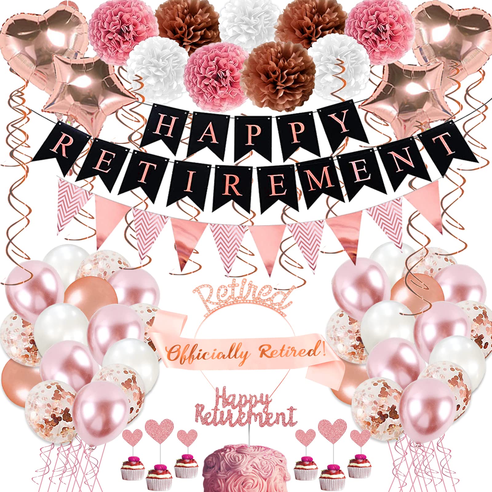 Photo 1 of Rose Gold Retirement Party Decorations, 63 Pcs Retired Party Decorations for Women Happy Retirement Banner Hanging Swirls Foil Balloon Cake Toppers Retired Sash Retired Parties Supplies