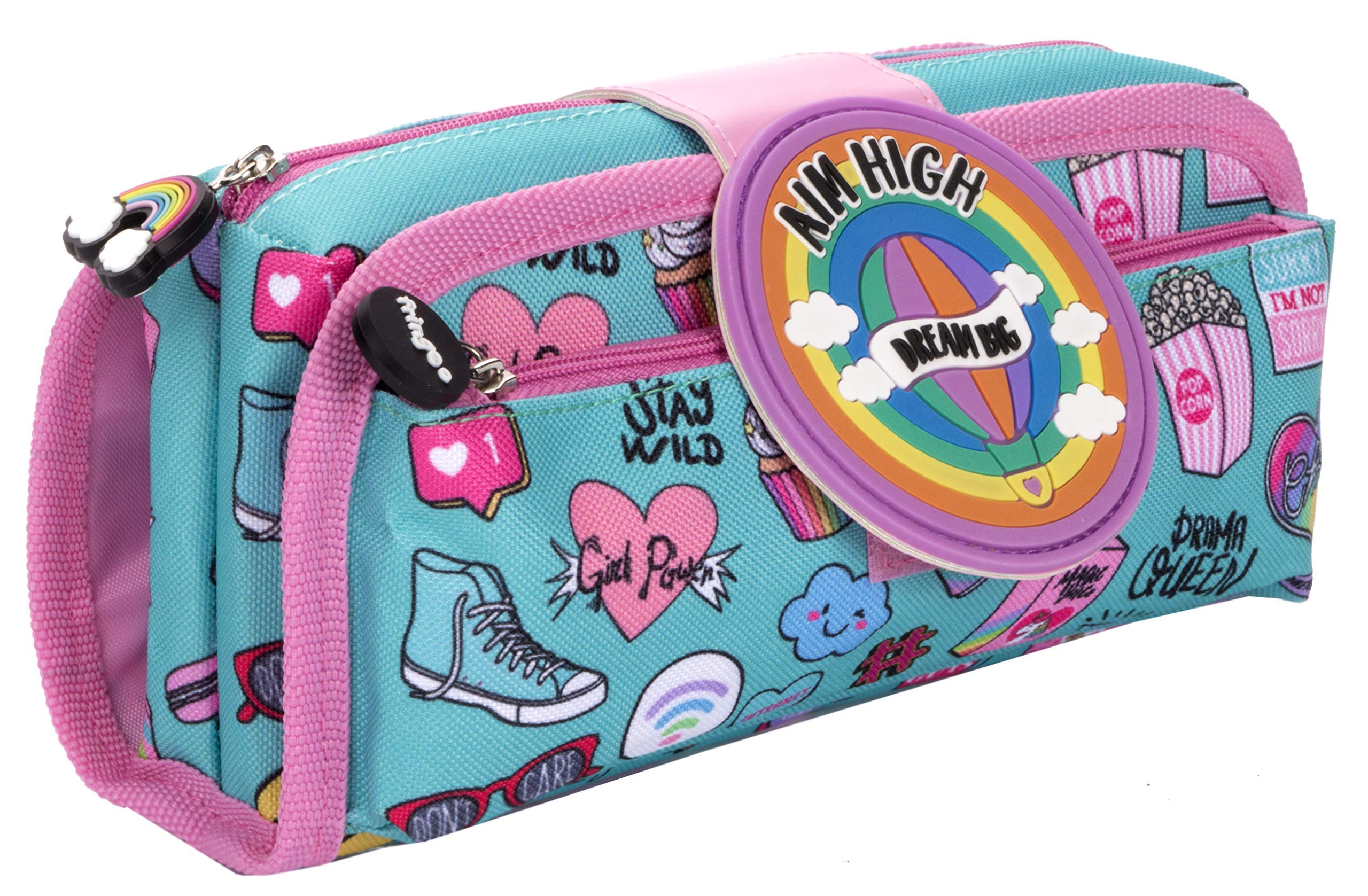 Fringoo Sillicone Patch Kids Pencil Case 2 Zipped Compartments Funny Large Stationery Pouch for Teenagers School University (Aim High)