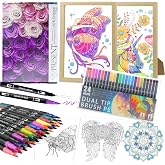 Apolyone Adult Coloring Book with 24 Dual Tip Markers Set with 12 Patterns | Coloring Books for Adults Relaxation Includes Funny & Cute & Exquisite, Arts and Crafts Gifts for Women