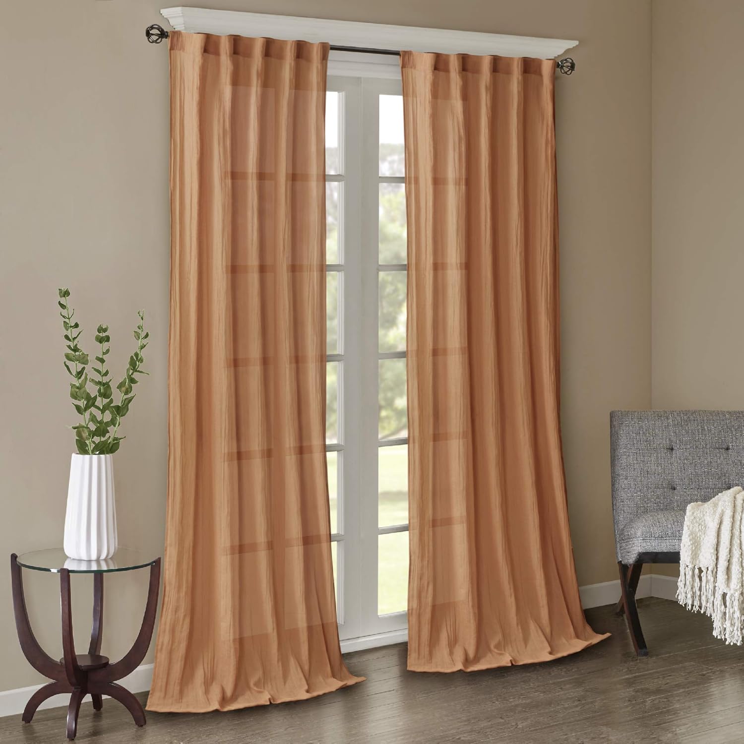 Madison Park Harper Sheer Bedroom, Modern Contemporary Window Curtain for Kitchen, Solid Fabric Panels, 42" x 216", Taupe: Home & Kitchen