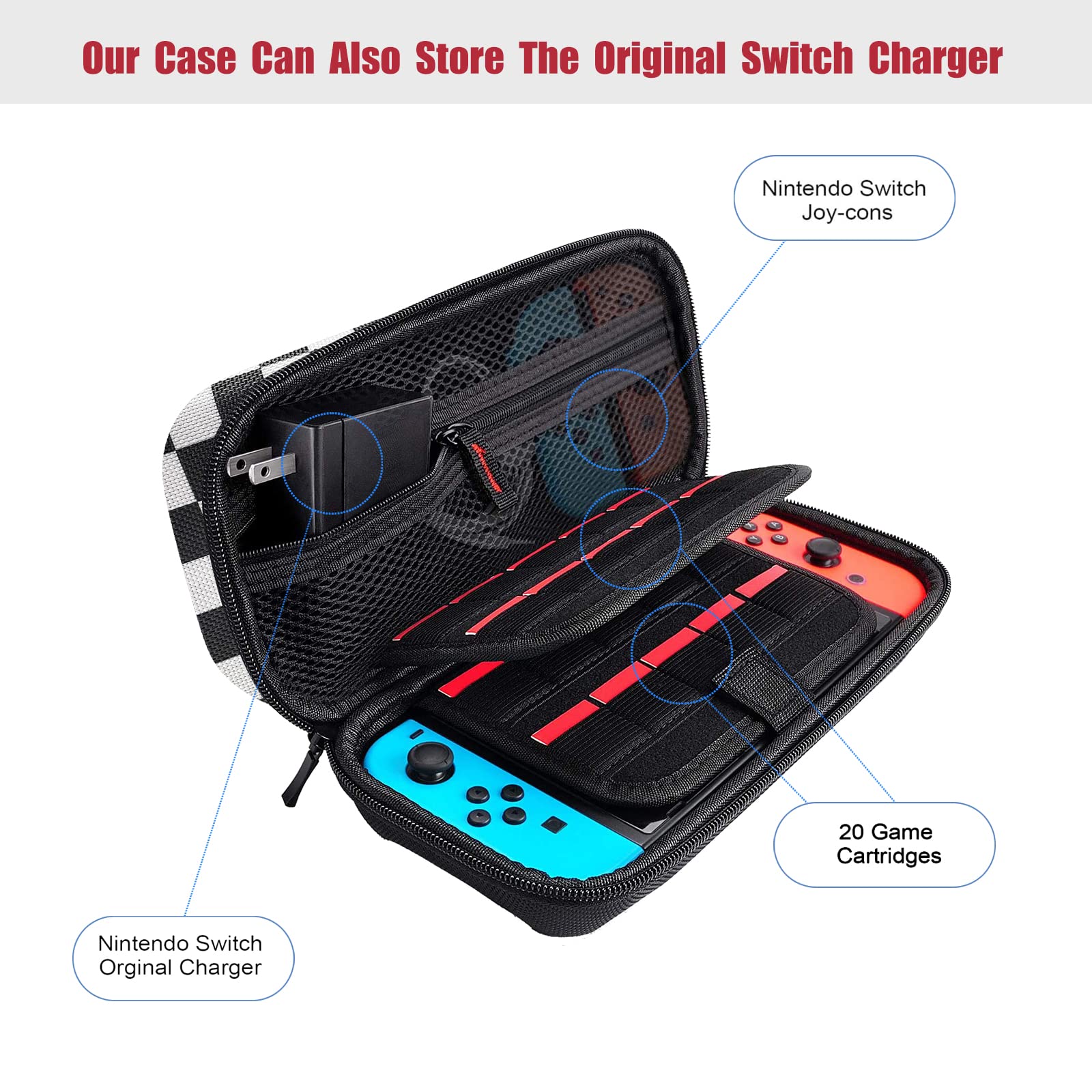 Switch Carrying Case Compatible with Nintendo Switch/Switch OLED - Fit AC Charger Adapter - with 8 Thumb Grips Caps & 20 Game Cartridges Protective