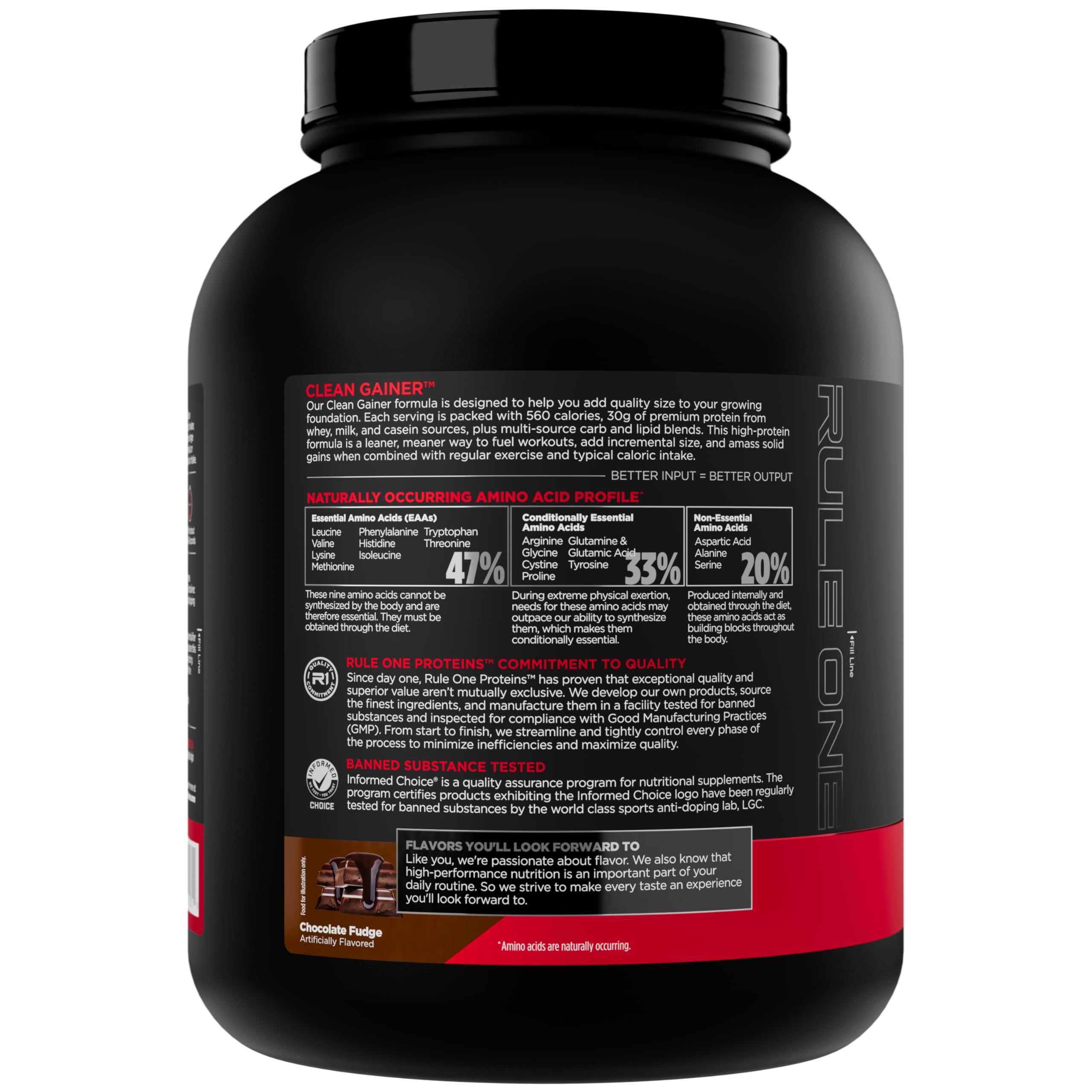 Rule 1 Clean Gainer - High-Protein Lean Gain Formula with 560 Calories, 30g of Full-Spectrum Protein, Over 90g Carbs, Under 6g of Fat (15 Servings, Chocolate Fudge)