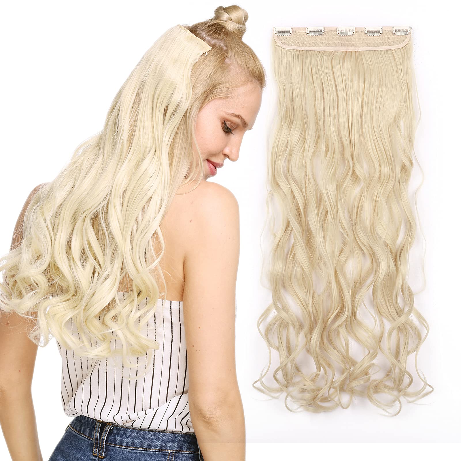 24" One Piece Clip in Hair Extensions #Bleach Blonde Long Curly Wavy Hairpiece 3/4 Full Head