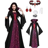 5 Pcs Gothic Vampire Costume Set for Women,Medieval Halloween Dress - Black | breathable polyester fabric, Halloween cosplay masquerade, dramatic stand collar, complete jewelry accessories
