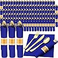 Zubebe 100 Pack Rolled Silverware Pre Rolled Silverware Set Disposable Wrapped Plastic Cutlery Set Disposable Utensils Includes Forks, Knives, Spoons, Napkins Wrapped for Wedding Party (Gold,Blue)