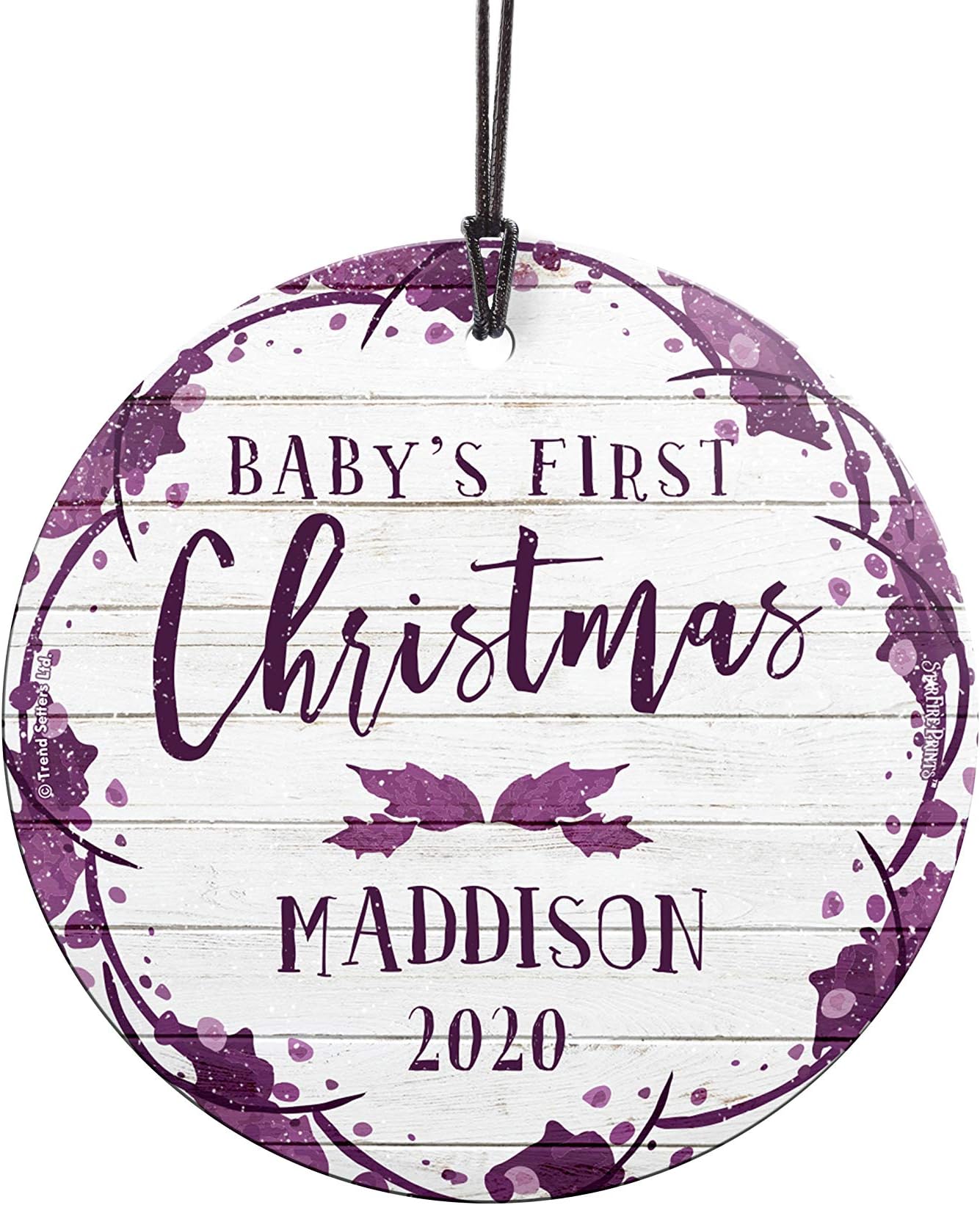 Baby’s First Christmas Glass Ornament – Baby Personalized – Farmhouse Purple and Shiplap – Suncatcher Hanging Print Christmas Tree Date Display 3.5" Circle | Free Red Velveteen Gift Bag