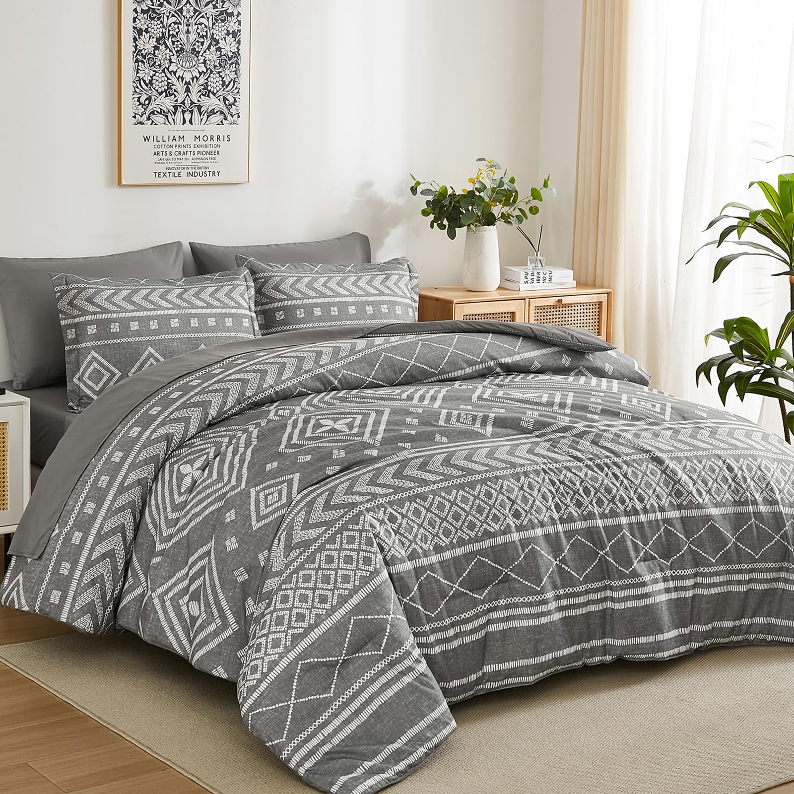 Photo 1 of Yiran Boho Full Size Comforter Set, Grey Aztec Comforter Bedding Set, 7 Piece Bed in a Bag, Soft Microfiber Bohemian Striped Complete Bedding Set with Sheets for All Season