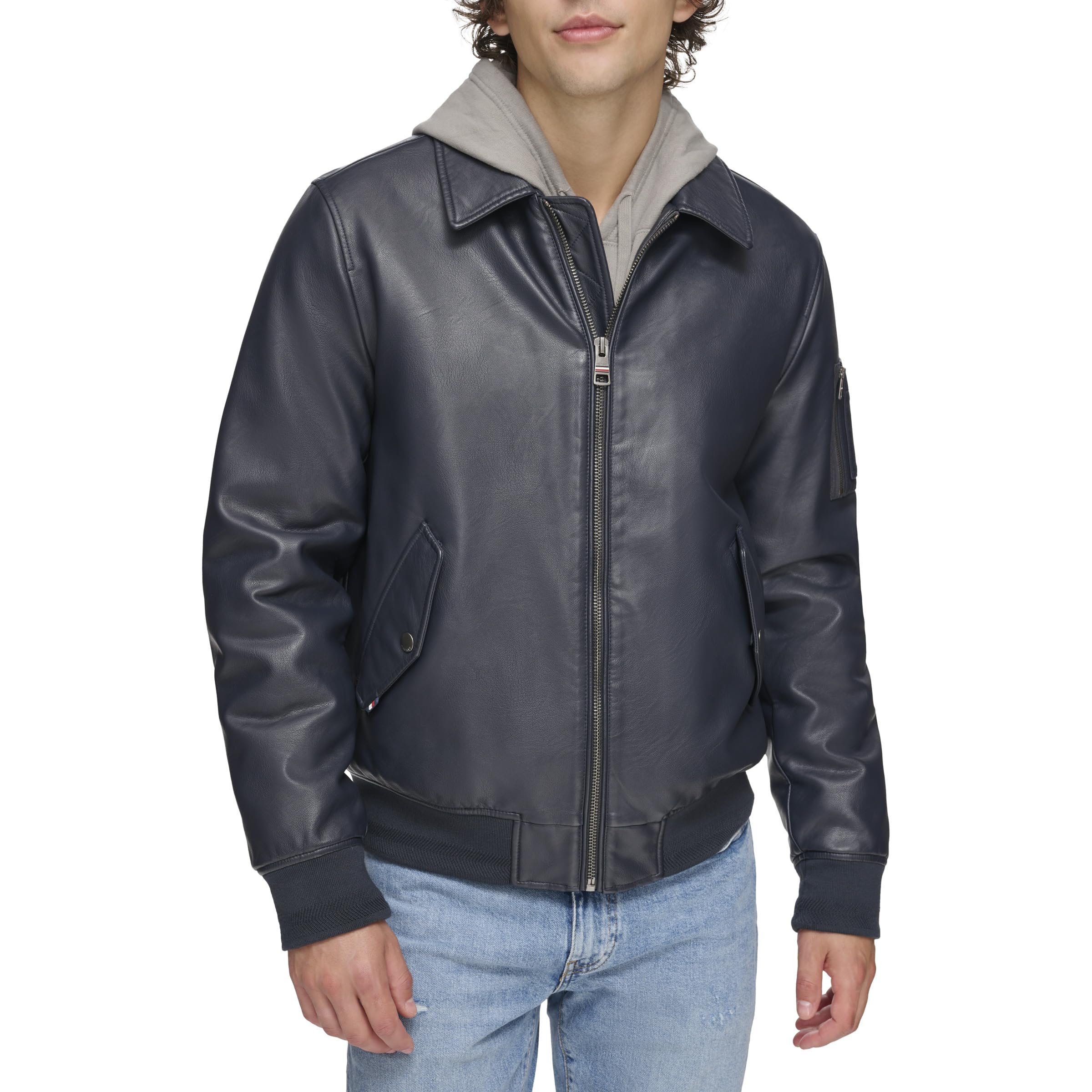 Tommy Hilfiger Men’s Smooth Lamb Touch Faux Leather Unfilled Bomber, Navy Laydown Collar, XX-Large