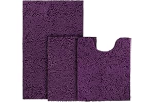 BYSURE Deep Purple Bathroom Rugs Sets 3 Piece Non Slip Extra Absorbent Plush Chenille Soft Washable Bath Rugs and Mats Set