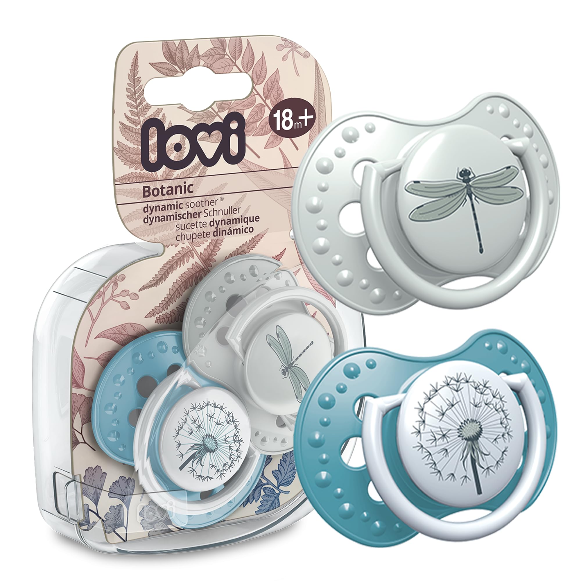 LOVI Soother 18+ Months, Baby Dummies with Silicone Teat, Dynamic Tip, Botanic Collection, 2 Pieces, Blue