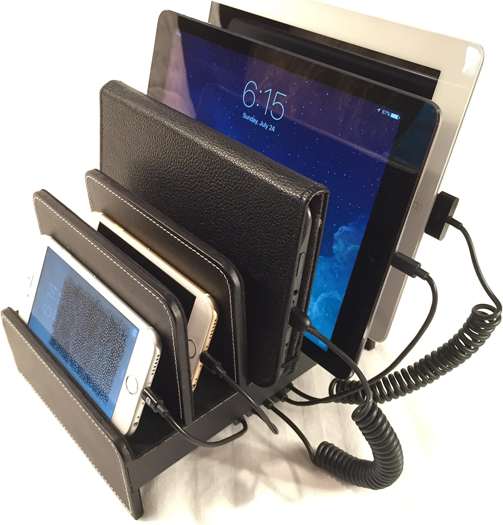 DockBox Black Faux Leather Desktop Multi Device Charging Stand - Holds Any Combination of 5 Smart Phones/Tablets - Compatible with iPhone 5/6/7/8/X 7 Plus, 8 Plus, iPad, Galaxy and More!