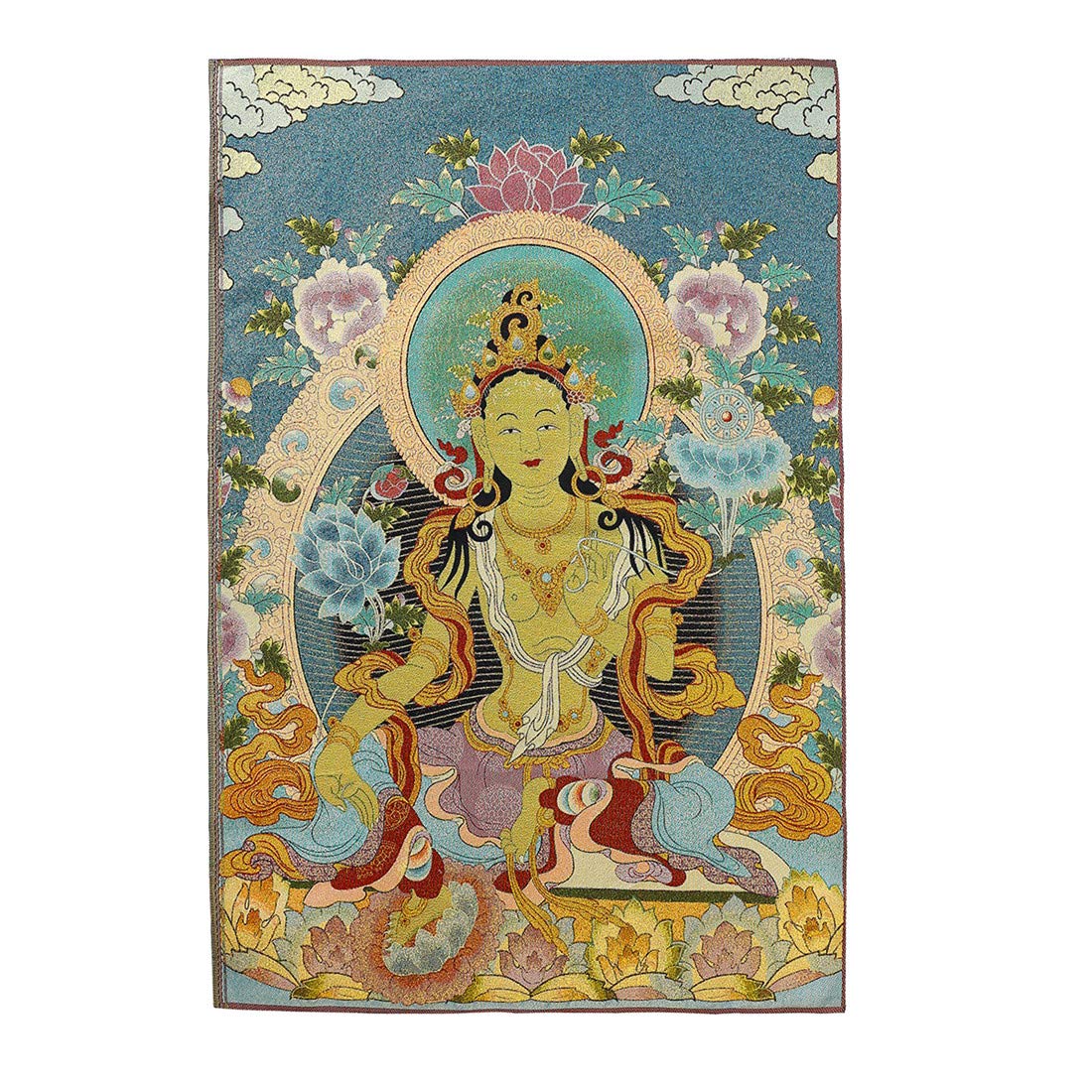 Prime Feng Shui Silk Embroidery Tibetan Thangka with Buddhism Green Tara Wall Hanging for Home Décor Thangka Meditation