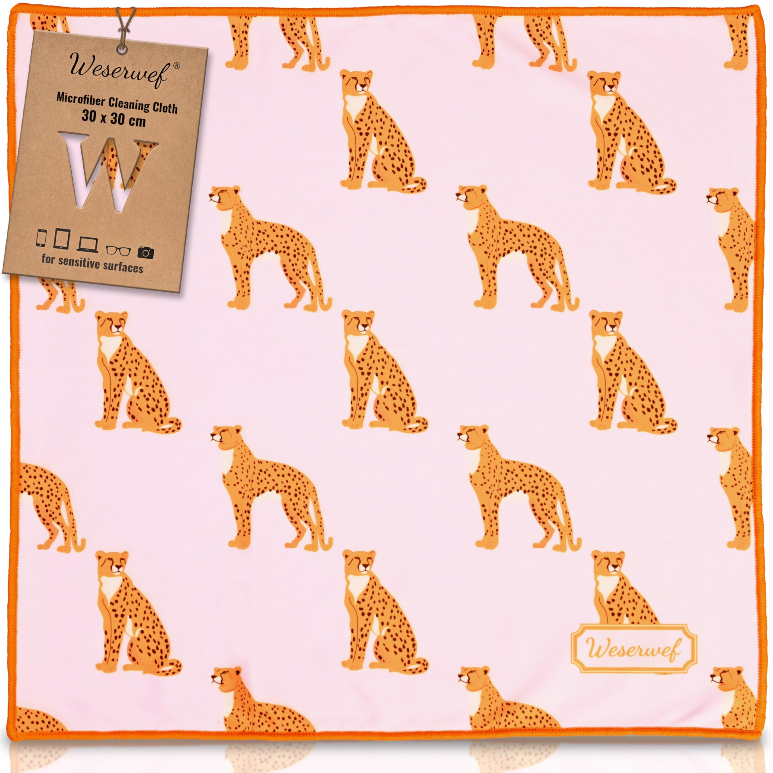 WESERWEF Design Microfiber Glasses Cleaning Cloth, Premium Cleaning Cloths for Lens, Screens, Tablets, Spectacles, 12" x 12", Ultra-Soft & Scratch-Free (Leo in Pink)
