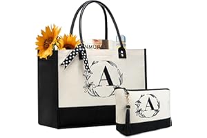 BeeGreen Christmas Birthday Gifts for Mom Grandma Initial-Canvas-Tote-Bag-for-Women-Large Initial Monogram Canvas Bag, Cute Tote Bags for Sisters Friends Coworkers Halloween Thank you Gifts A