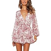 AIMCOO Women's Floral Print Deep V-Neck Romper Double Layer Ruffle Hem Jumpsuits Long Baggy Sleeves Waist Tie Short Rompers