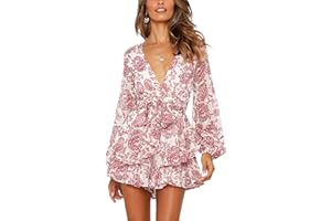 AIMCOO Women's Floral Print Deep V-Neck Romper Double Layer Ruffle Hem Jumpsuits Long Baggy Sleeves Waist Tie Short Rompers