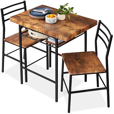 Best Choice Products 3-Piece Modern Dining Set, Space Saving Dinette for Kitchen, Dining Room, Small Space w/Steel Frame, Built-in Storage Rack - Medium Brown/Black