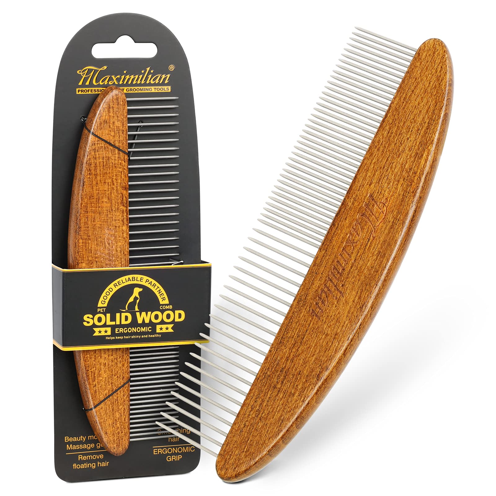 MAXIMILIAN World Class Handmade Wooden Dog Comb for Easily Removes Tangles and Knots. Cat Comb for Removing Matted Fur.