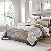 Uniclinens Quilt Set King Size, 100% Cotton Quilted Quilt Bedding Set Bedspread, Real Patchwork Plaid Quilt, Lightweight Quilted Comforter Set, 3 Pieces Set with 2 Pillowshams, Brown/Beige/Gray
