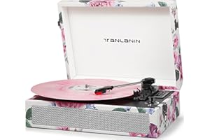 TANLANIN Vintage 3-Speed Record Player with Built-in Speakers, Retro LP Vinyl Player Portable Turntable with USB Recording, Bluetooth Playback, RCA/AUX/Headphone Jack, Rose Floral
