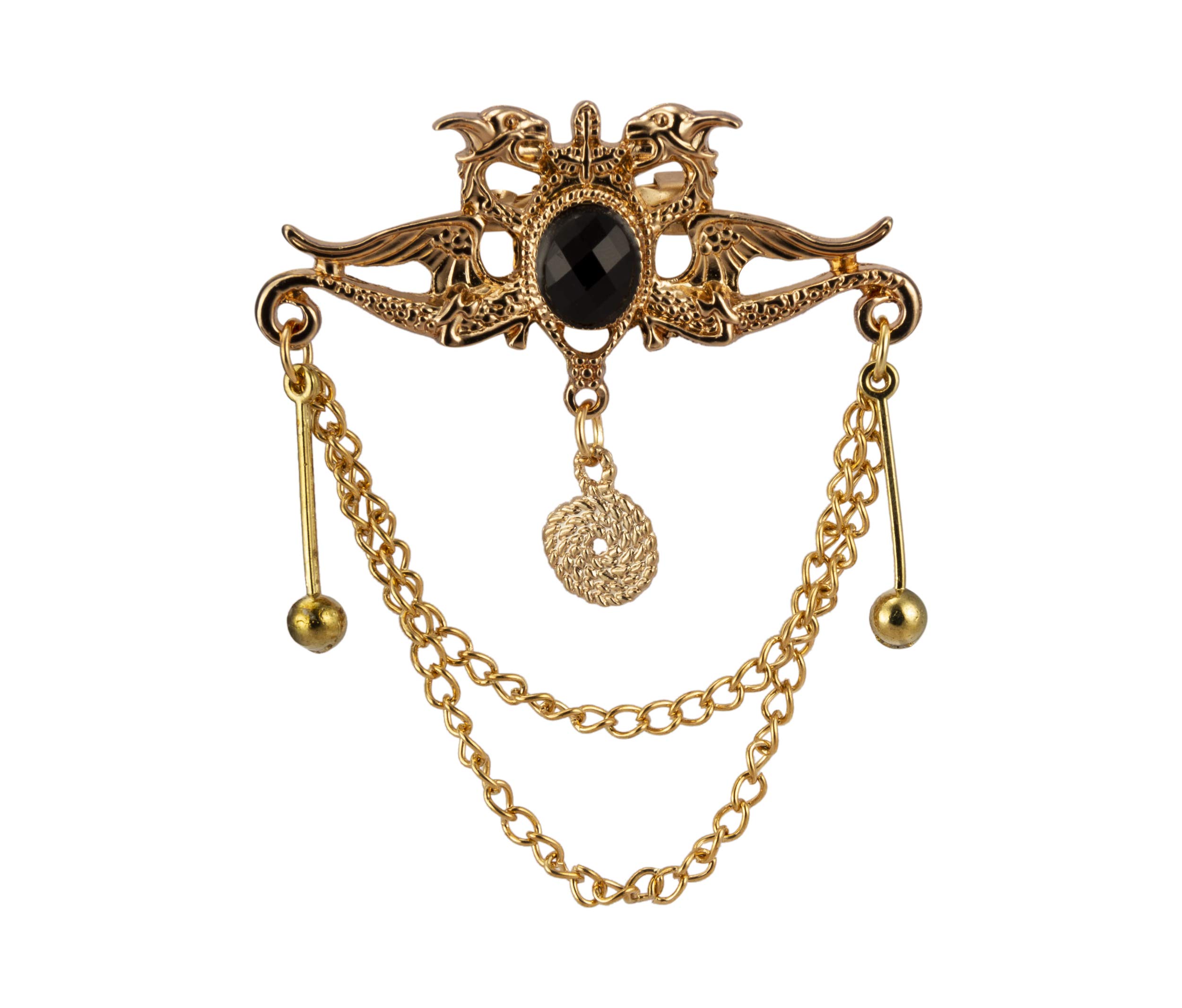 Brooch Lapel Pin for Men Dragon Protected Precious Black Stone with Hanging and Gold Medal Lapel Pin Badge Coat Suit Wedding Gift Party Shirt Collar Accessories