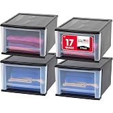 IRIS USA 4-Pack, 17 Qt. Medium Stacking Drawer Storage Organizer, Black | Organize dorm essentials, school supplies, toiletries, and accessories with stackable drawers for compact living spaces.