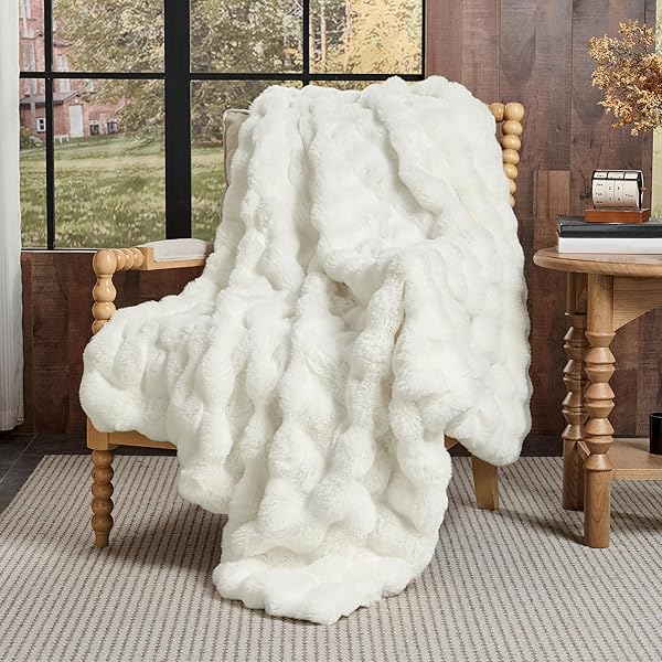 LOTUS KAREN FAUX FUR THROW BLANKET CREAM WHITE – BIG BUBBLE RABBIT FLUFF BLANKET FOR COUCH, SMALL FLUFFY FUZZY COZY BLANKET, THICK FURRY PLUSH SHAGGY BLANKETS, 50X60 INCHES