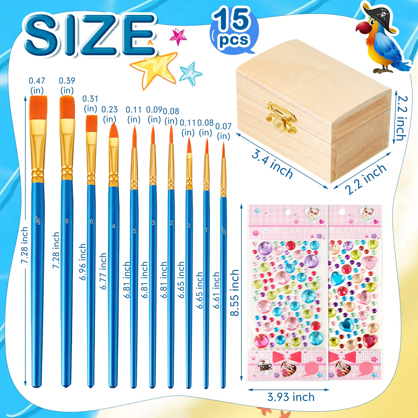 Leinuosen 15 Pcs Small Wooden Boxes with Hinged Lids 3.5 x 2.2 x 1.9 Inch Unfinished Wooden Treasure Chest Box 10 Pcs Paint Brushes with 2 Sheets Craft Gems Self Adhesive Rhinestones Stickers