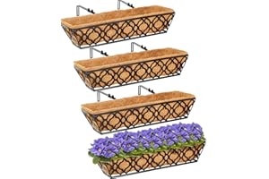 HFHOME 24 Inch Window Deck with Coco Liner, 24" Window Boxes Horse Trough with Coconut Coir Liner, Black Metal Hanging Flower Planter Basket Railing Planter for Outdoor Indoor Lawn - 4 Pack