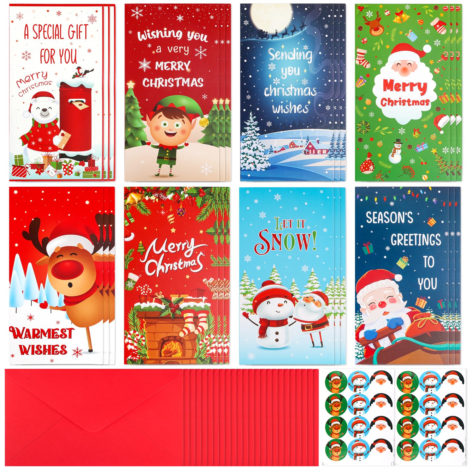 Christmas Money Wallets Cash Gifts - Fowecelt 24pcs Christmas Money Wallets and Envelopes 8 Styles Money Cards Voucher Wallet and 24pcs Christmas Stickers