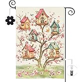 Baccessor Spring Birds Garden Flag Double Sided 12.5 x 18 Inch Burlap with Clip and Stopper,Pink Floral Flower Tree Flag Seasonal Farmhouse Front Yard Lawn Outside Outdoor Decoration
