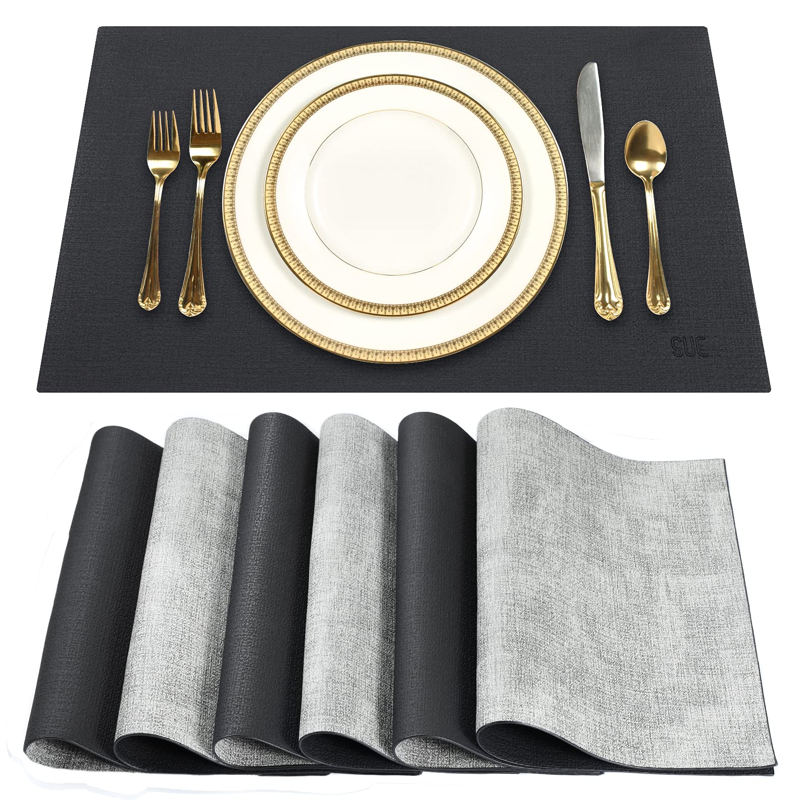 SUEH DESIGN Leather Placemats Set of 6 Reversible Table Mats Heat Resistant Waterproof No-Slip Place Mats for Dining Table Kitchen Parties 1.black & Gray