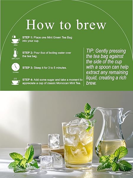 MINT GREEN TEA BAGS, CAFFEINATED, PREMIUM GREEN TEA BLEND WITH PEPPERMINT, SPEARMINT, LEMONGRASS & LEMON BALM FOR SOOTHING, INDIVIDUALLY WRAPPED BAGS, NO ARTIFICIAL SUGAR ADDED, 20 COUNTS