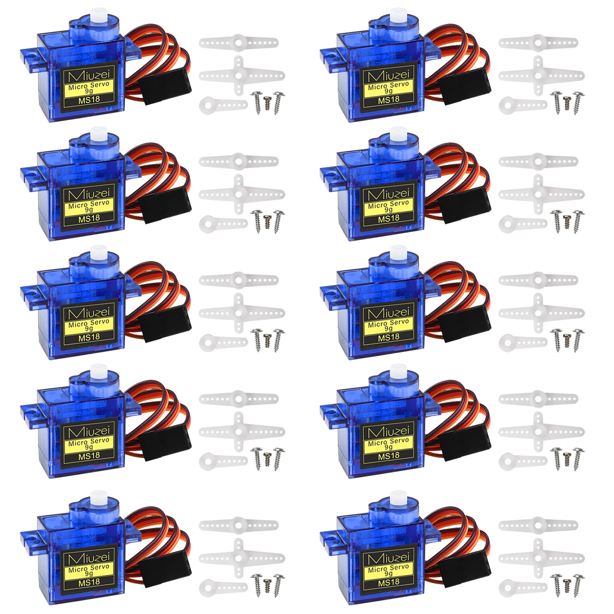 Miuzei 10Pcs 9G Micro Digital Servo, Metal Geared Mini Servo Motor with Cable for RC Robot Arm, Helicopter, Car & Boat Control, Compatible with Arduino Projects