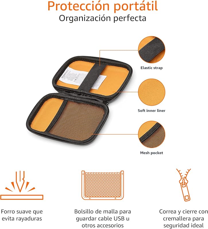 Funda de Disco Duro, 15.1 x 10.8 x 4.2 cm, Color Negro y Naranja