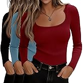 Huukeay 3 Pack Women's Long Sleeve T-Shirts, Scoop Neck Basic Crop Tops Ribbed Knit Y2k Shirts Slim Fit Fall Trendy Outfits