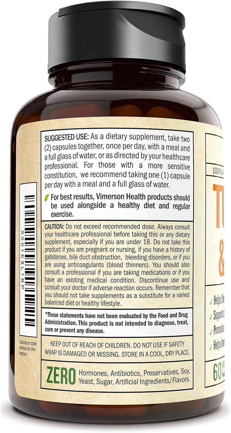 Turmeric Curcumin with Ginger, 95% Curcuminoids with BioPerine. Tumeric Supplements, Occasional Joint Pain Relief, Inflammatory Response, Plant-Based Antioxidant. Vimerson Health 60 Capsules: Health & Personal Care
