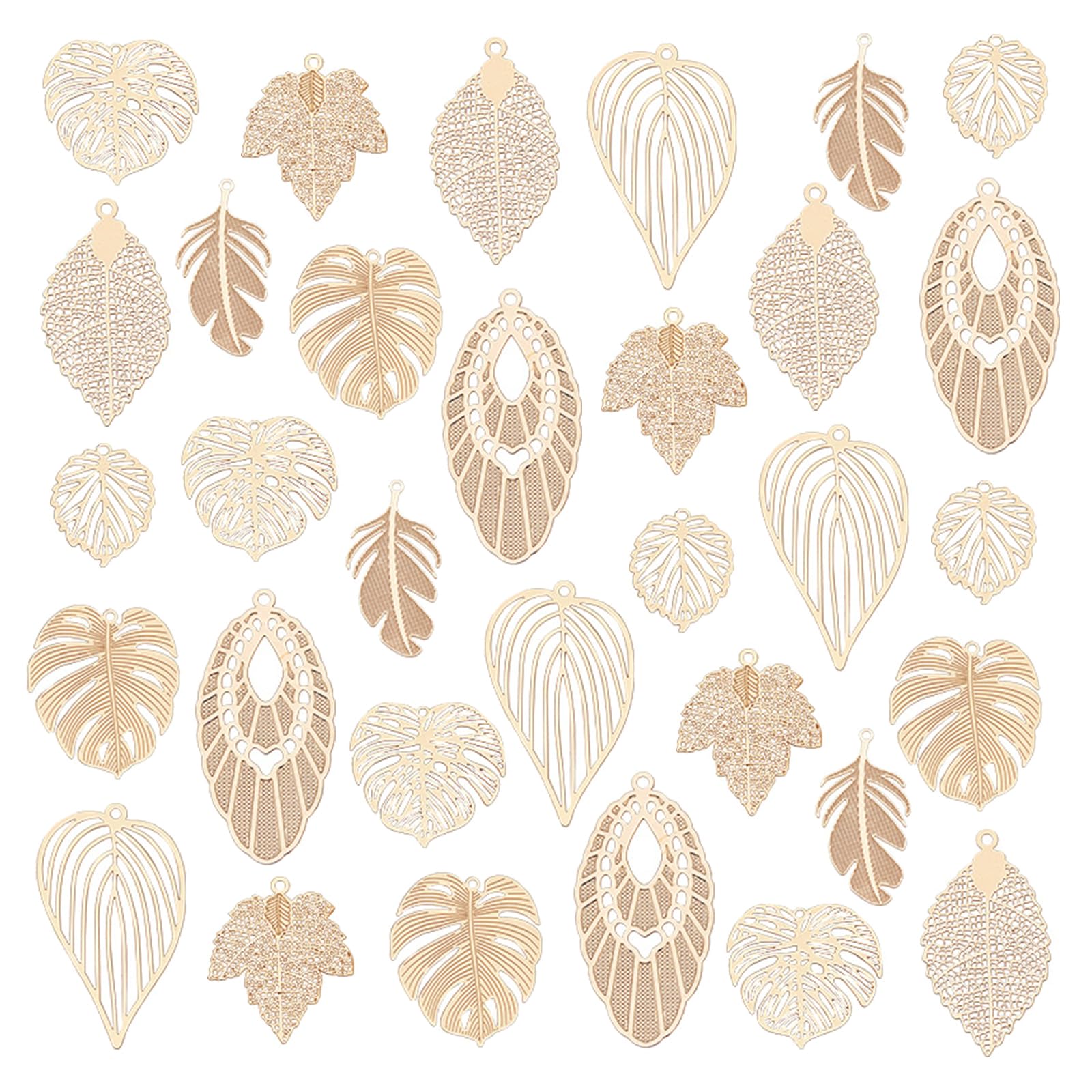 PH PandaHall 32pcs 8 Style Tree Leaf Charms, Maple Leaf Monstera Leaves Pendants Metal Filligree Leaves Charms for Fall Autumn Necklace Earring Jewellery Making Keychain Bag Decor, Gold
