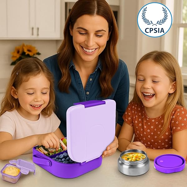 TINYPALSA BENTO BOX FOR KIDS WITH 10OZ INSULATED FOOD JAR, LEAK-PROOF KIDS LUNCH BOX WITH THERMAL FOOD CONTAINER, 3 COMPARTMENTS, PORTABLE HANDLE, DISHWASHER SAFE, IDEAL FOR SCHOOL & TRAVEL (PURPLE)