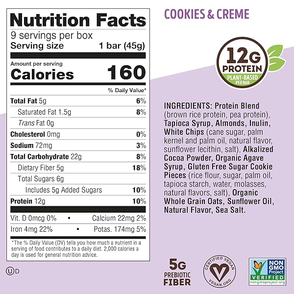 LENNY & LARRY’S COOKIE-FIED PROTEIN BAR – COOKIES & CREME VEGAN PROTEIN BARS 9X45G – HEALTHY SNACKS WITH 12G PLANT PROTEIN & 5G FIBER – GLUTEN FREE POWER BAR, KETO FRIENDLY, NON-GMO & VEGAN