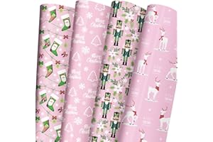 ZINTBIAL Pink Christmas Wrapping Paper for Kids Adults - Xmas Wrapping Paper with Nutcracker, Stockings, Reindeer, Christmas Trees Designs - 28 x 40 Inches, 6 Jumbo Sheets - Easy to Store