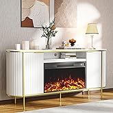LABROSKIA Fluted Fireplace TV Stand: 70" White Entertainment Center for TVs Up to 80 inch, Luxury Media Console with 30" Electric Fireplace, Modern TV Consoles for Living Room, Faux Marble Top