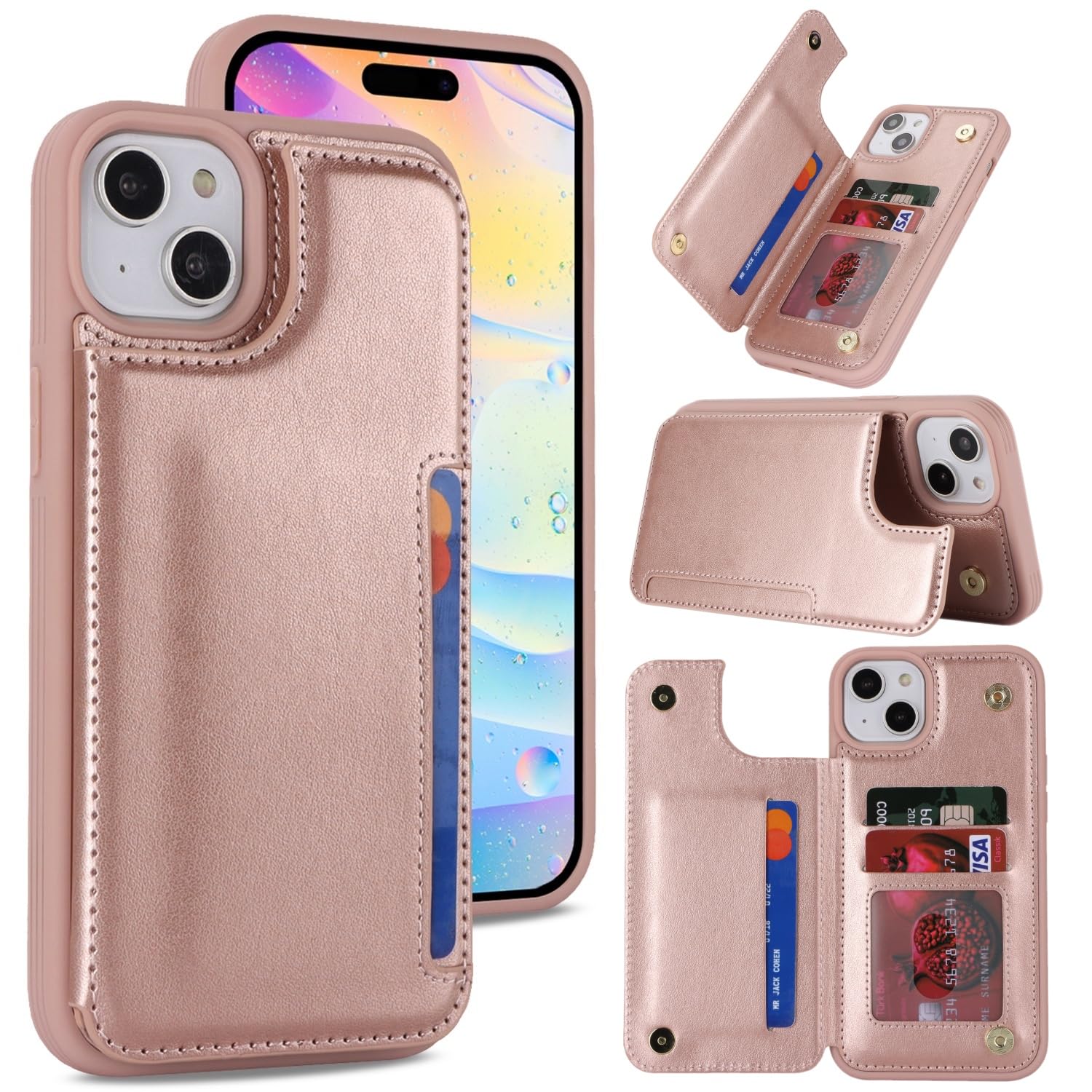 iCoverCase Compatible with iPhone 15 Wallet Phone Case with Card Holder for Women Men, [RFID Blocking] Card Slots PU Leather Protective Wallet Case 6.1 Inch (Rose Gold)